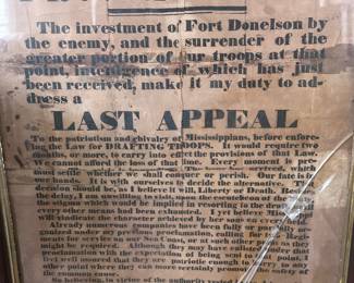 ORIGINAL 1862 Mississippi poster appealing for enlistment by Executive Office, Jackson, MS with the name John J. Pettus at the bottom (paper is not torn- tape is on the cracked glass of the frame)