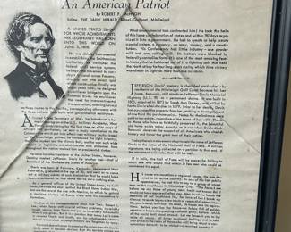 Framed Presentation made to the U.S. Senate on Jefferson Davis - An American Patriot  and U.S. Senator (not mentioning the War Between the States)