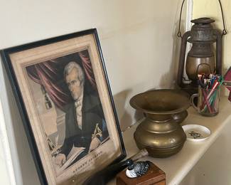 Horn , music box, 2 cuspidors/spittoons, and Lantern