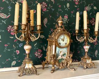 Antique French Louis XV style mantle set with porcelain plaques