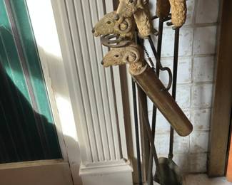 Rare antique Fireplace Set with Carved Ram Heads