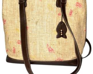 Liz Claiborne Floral Straw Tote Brown Trim 