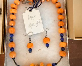 Beautiful Lapis and Dyed Jade Necklace and Earrings Set