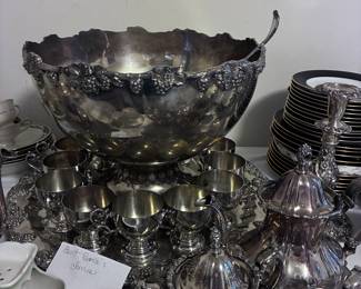 Silver-plate punch bowl and cups