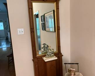 Antique oak hall tree with mirror and marble top.  Victorian Eastlake style.  $200.  Antique doll baby carriage $150.