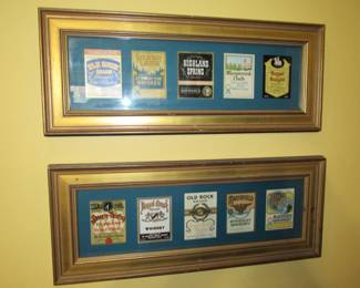 Framed vintage whiskey labels