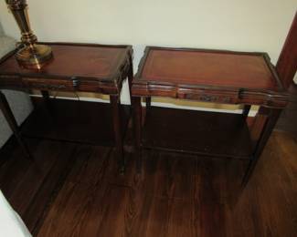 Pair antique leather top tables