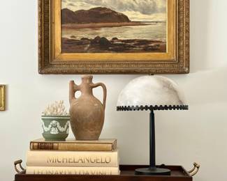 Example pieces available in sale:

1881 oil on canvas (30” x 23”) by Arthur Lee Rogers, a landscape painter from Liverpool, UK. Moved to Vancouver where he became a founding member of the Vancouver Art association in 1894. $3445. 

Greek olive oil pottery piece $295.

CB2 lamp (shade is alabaster) and is available in their current catalogue $119.

Jasperware by Wedgewood in sage green $45. 

Antique coral $99.

Art books with linen covers: $199/e.

Theodore Alexander Bar Cart with removable tray: $99 (damage to left handle; otherwise in stable condition)