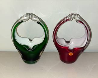 Hand Blown Split Handle Art Glass Baskets