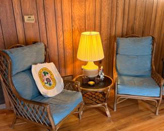 Vintage rattan wingback chairs and side table. Available for pre-sale. Email lizzy@soulshineestatesaleco.com for details. 