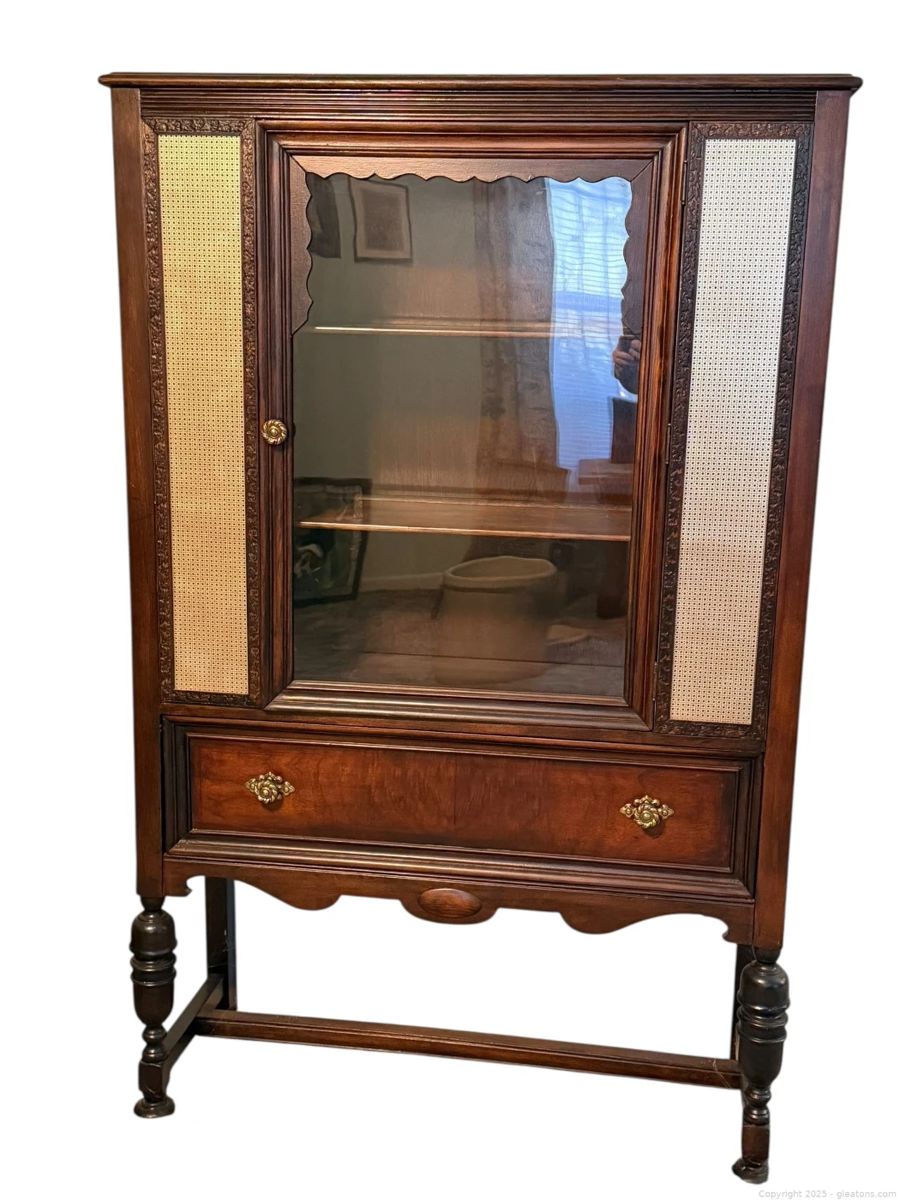 Circa 1930s Jacobean Style China Cabinet with Floral Carved Detail