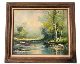 Beautiful Framed and Matted Oil Painting of a River Through The Woods