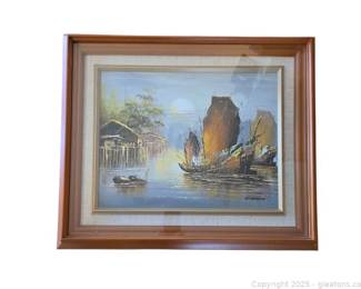 Original Oil on Canvas Chinese Junk Boats Framed
