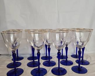 14 Gold Rimmed Crystal Wine Glasses with Cobalt Blue Stems