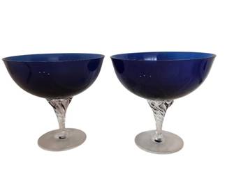 2 Cobalt Blue Compotes with Clear Twisted Stems