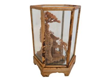 Carved Chinese Cork Diorama in Hexagon Glass Case