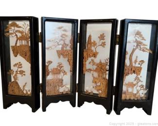 Chinese Hand Carved Cork Landscape Folding Table Screen