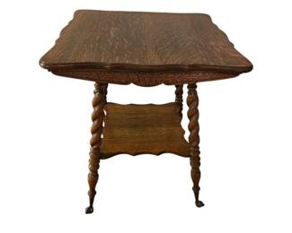 Antique Victorian Tiger Oak Parlor Table with Barley Twist Legs and a Lower Shelf