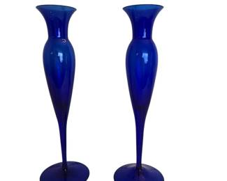2 Elegant Art Deco Cobalt Blue Glass Bud Vases