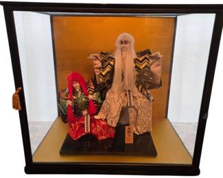 Pair of Japanese Renjishi Kabuki Lion Dancer Dolls Depicting a Father and Son in Display Case