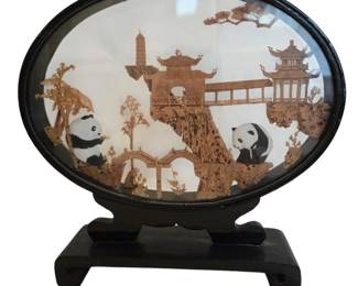 Chinese Cork Art Carving Diorama Pandas