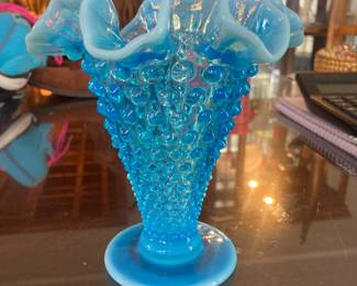 Old Fenton blue opalescent vase 5-3/4” tall