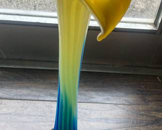 Stunning! Yellow and white cased inside:   clear and blue swirl outside .  Jack in the pulpit style . 16” tall by 4-1/2” wide 