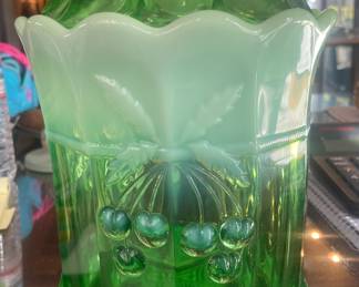 Rare Moser Cookie Jar - Cherry Thumbprint  - Uranium - Green Opalescent - 10” tall by 6”  wide.  $600.00