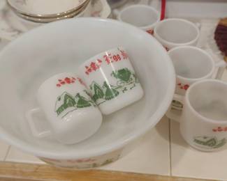 Vintage 1950'S HAZEL ATLAS Milk Glass Christmas Egg Nog Punch Bowl Set & 6 Cups