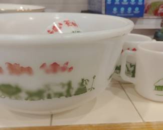Vintage 1950'S HAZEL ATLAS Milk Glass Christmas Egg Nog Punch Bowl Set & 6 Cups