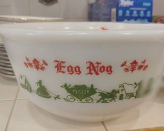 Vintage 1950'S HAZEL ATLAS Milk Glass Christmas Egg Nog Punch Bowl Set & 6 Cups