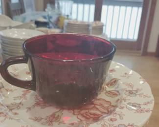 VINTAGE RUBY RED ARCOROC FRANCE GLASS  and plates