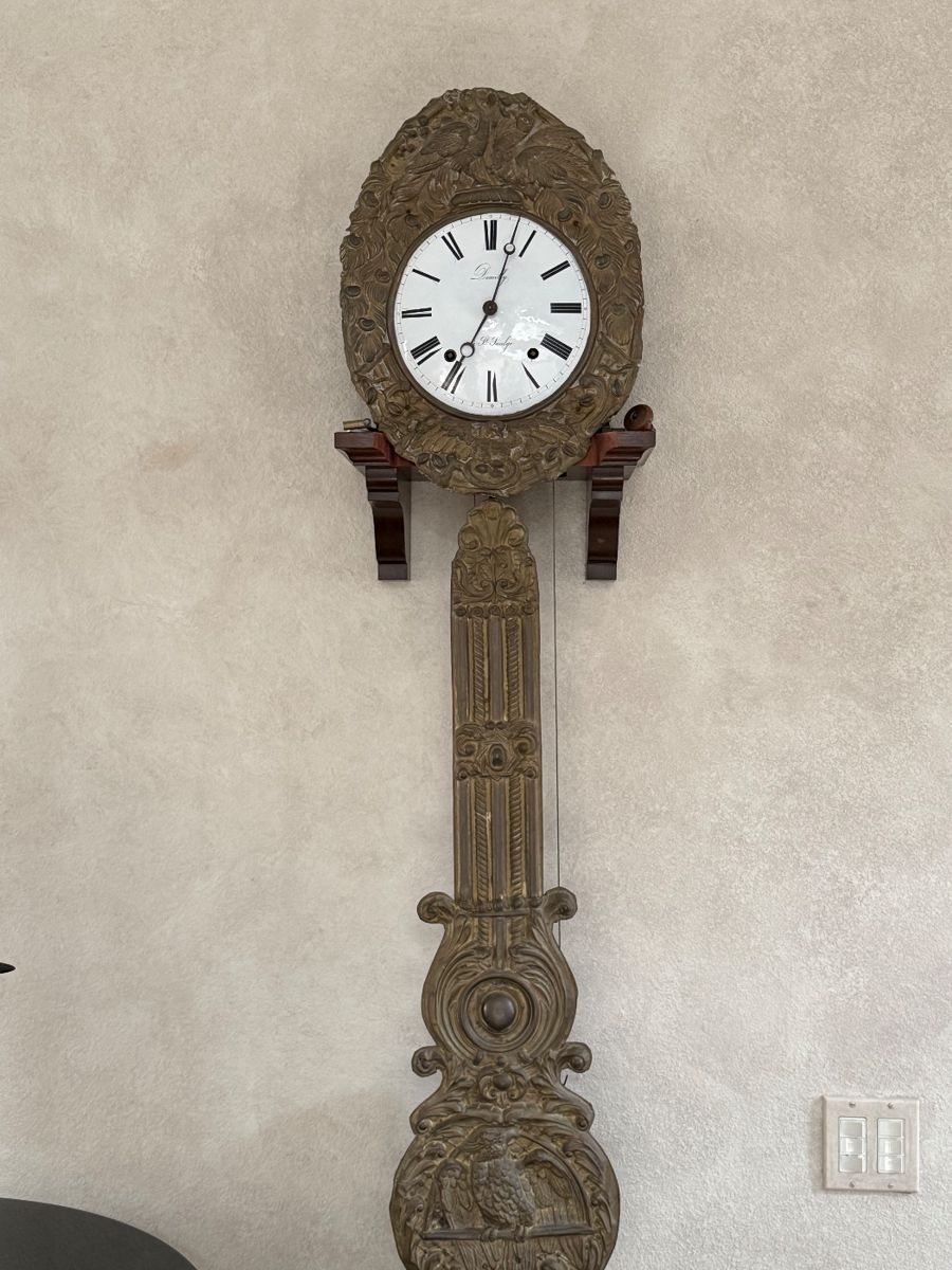 French Provincial Wall Clock
Signed Demilly, St. Saulge
Late 19th century
Weight-driven, time & strike
Original enamel dial, stone weights, ornate figural pendulum