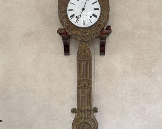 French Provincial Wall Clock
Signed Demilly, St. Saulge
Late 19th century
Weight-driven, time & strike
Original enamel dial, stone weights, ornate figural pendulum