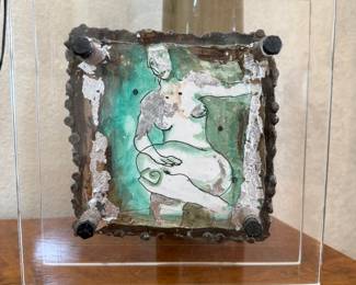 Original mixed-media artwork on metal, signed. Ink, watercolor, and silver leaf with floating acrylic mount. Modern abstract figurative nude
