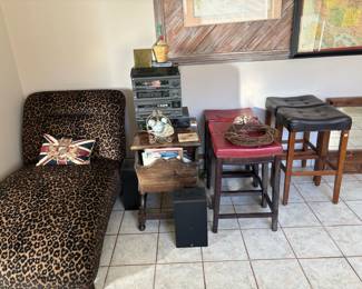chaise lounge, stereo, bar stools, Ethan Allen dough style table