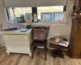 small chest of drawers, chair, side table, decor