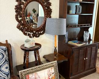 Ethan Allen Old Tavern Pine hutch, small Ethan Allen tables, carved mirror, decor