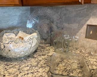cut glass punch bowl, platter