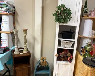 small tables, tall cabinet, decorative bird cage