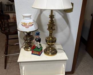 magazine table, lamps, Uncle Sam bank