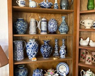 Pier 1 decor, tea pots, steins, silver plate pitcher, vases