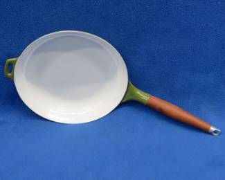 Lot 352. Vintage CopCo 10" enameled cast iron skillet with wooden handle in very good condition