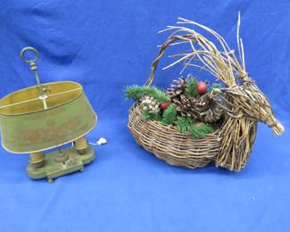 Lot 118. Old dual-bulb lamp with a metal shade and a Christmas basket