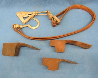 Lot 146. Klein Tools fence stretcher/cable puller and 3 cast iron adzes