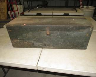 Lot 379. Antique wooden carpenter's toolbox with contents. 32.5" x 9.5" x 11"