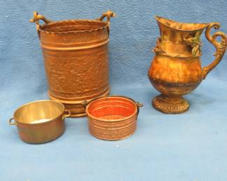 Lot 170. Four decorative copper items including a unique pail. Also includes an outdoor decorative water pitcher.