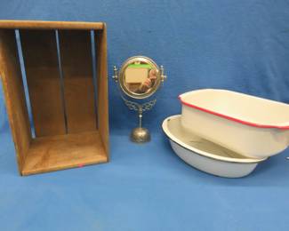 Lot 328. Enamelware, dresser mirror, and an old wooden box