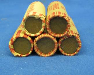 Lot 382. Five rolls of Wheat Pennies, rolled by the consignor with unknown dates.