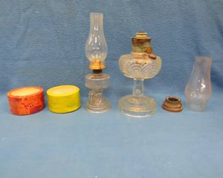 Lot 79. Kerosene lamp and lamp parts. Two pottery bowls.